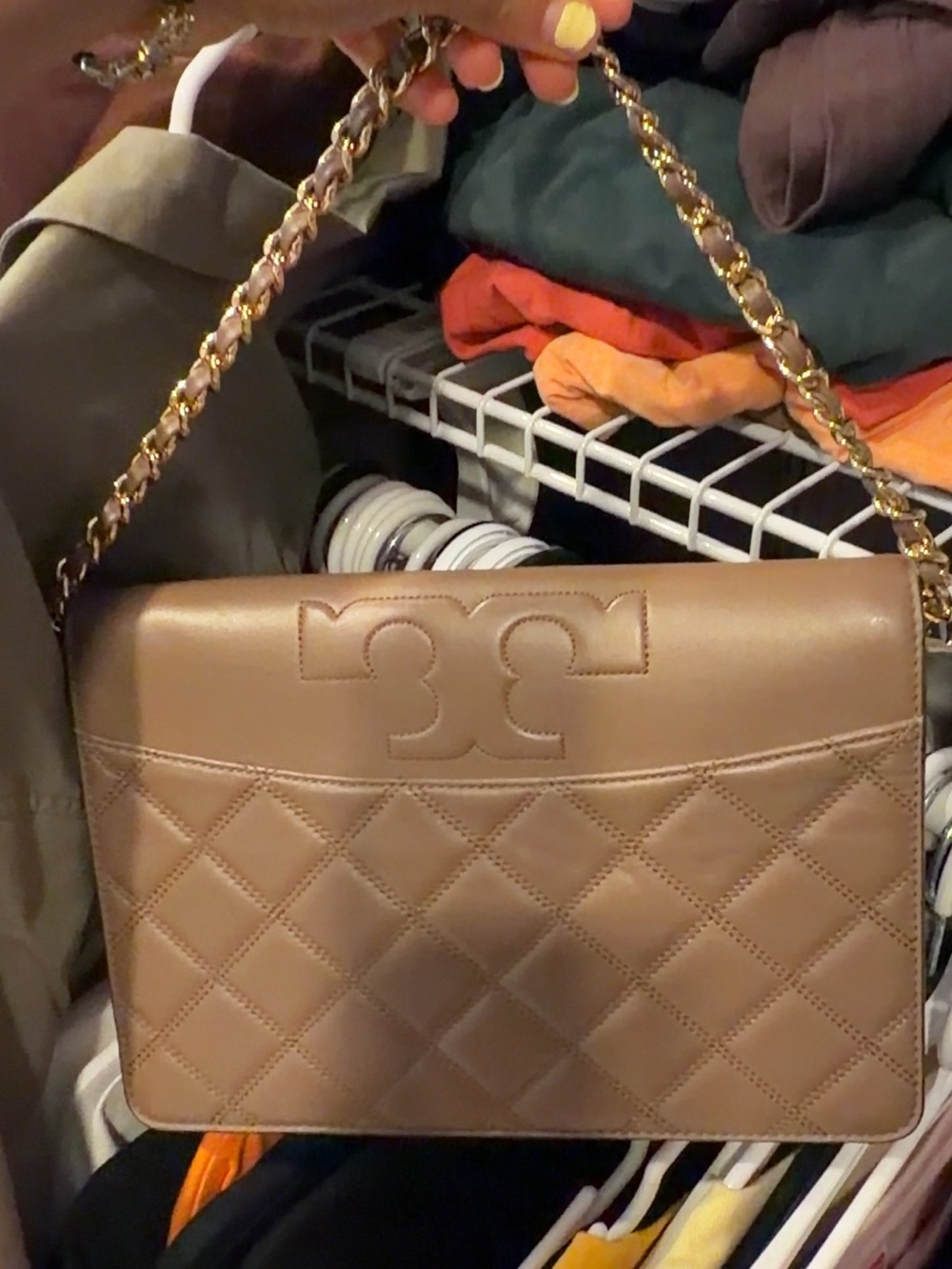 Tory Burch Quilted Leather Shoulder Bag in Camel Brown with Gold Chain